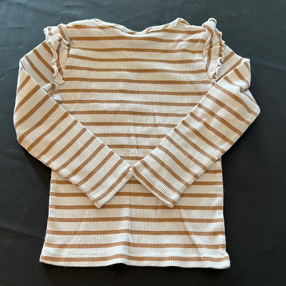 Kids Long Sleeve Thermal Striped Top W/ Sleeve Ruffles - Beige and White - Picture 4 of 6